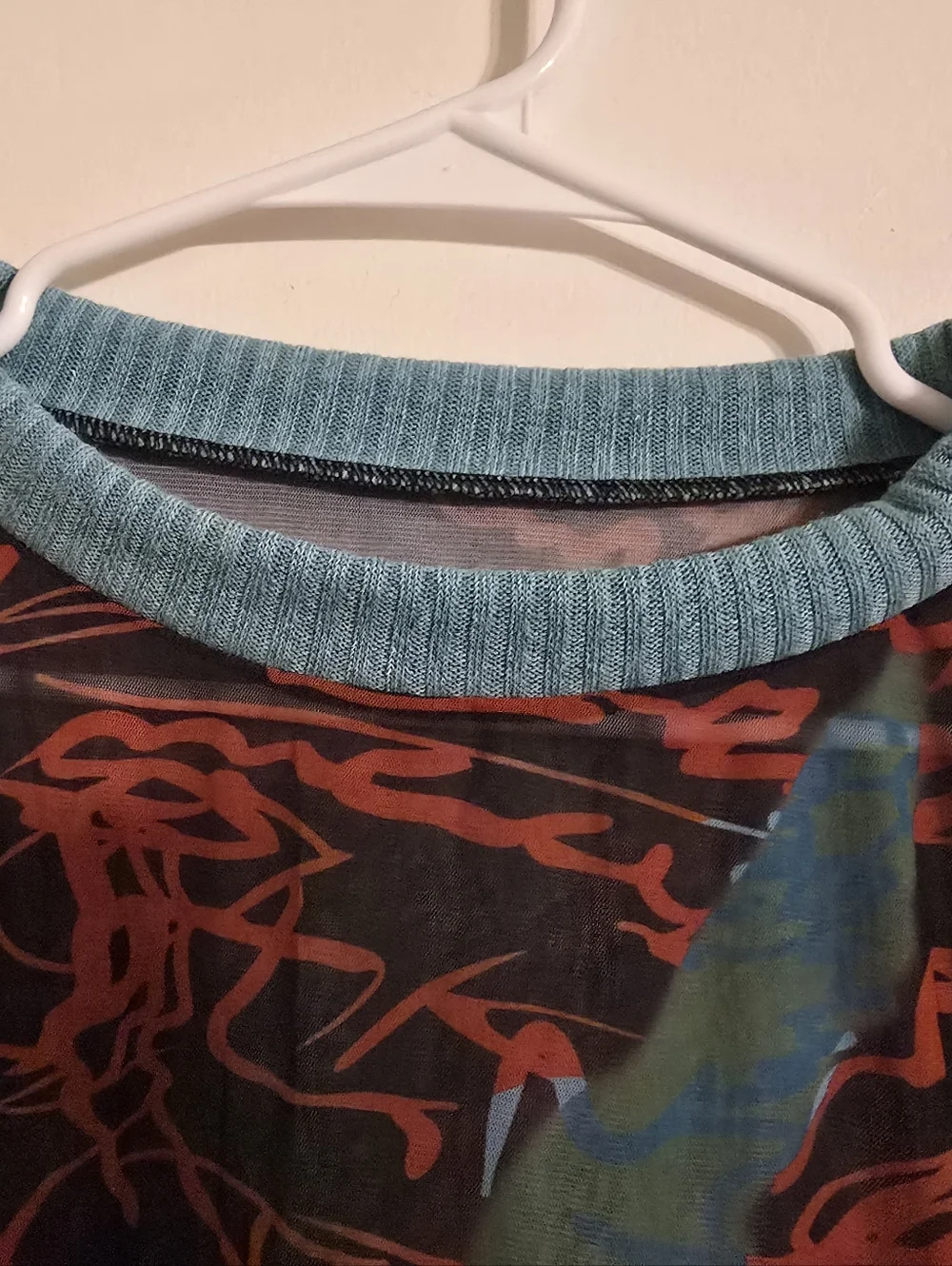 Y2K Vintage Sheer Slim Top Long Sleeve Round Neck Pattern Print Mesh Patchwork S - Picture 10 of 17